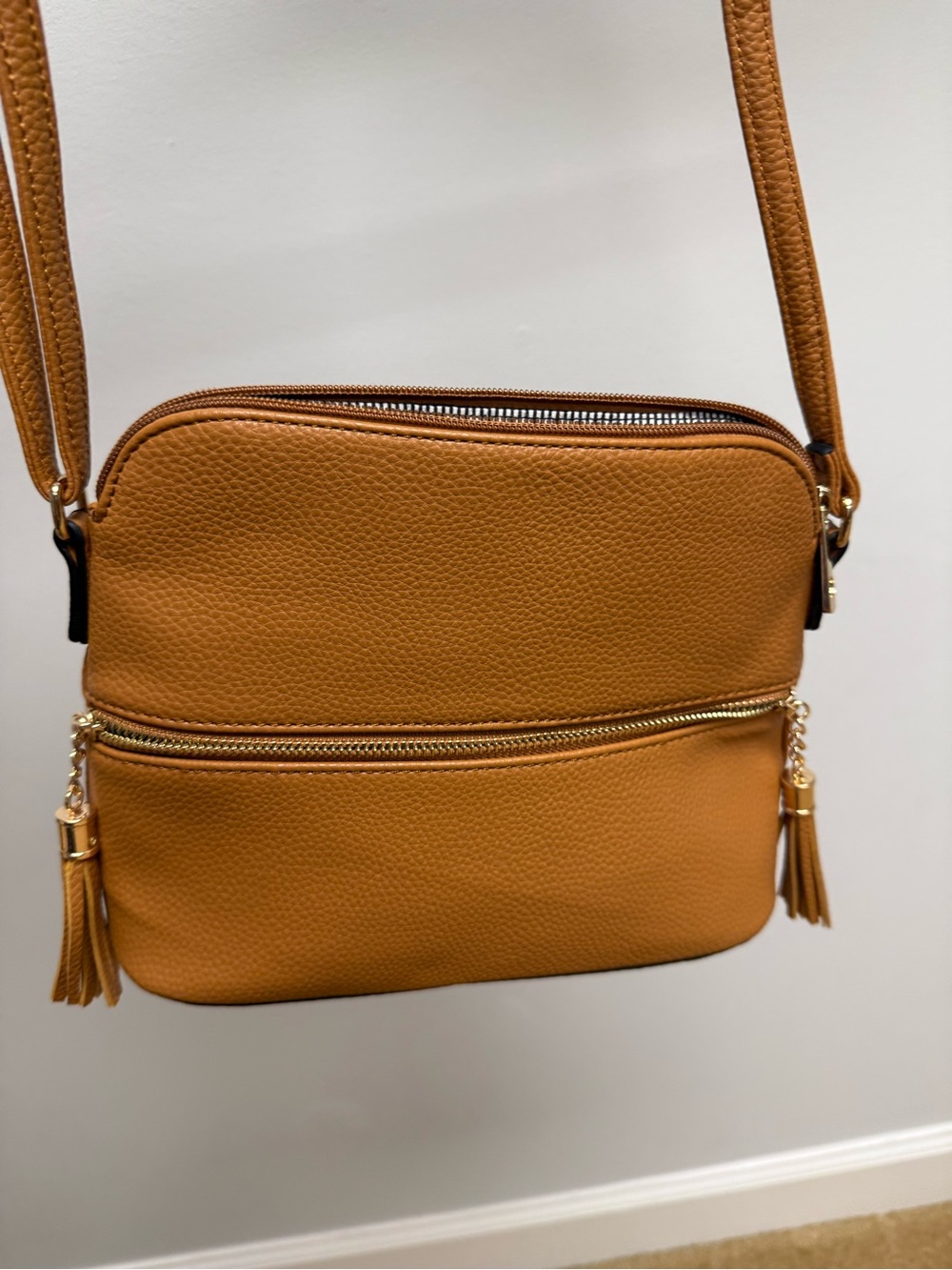 Tan Crossbody Shoulder Bag with Tassel Zipper